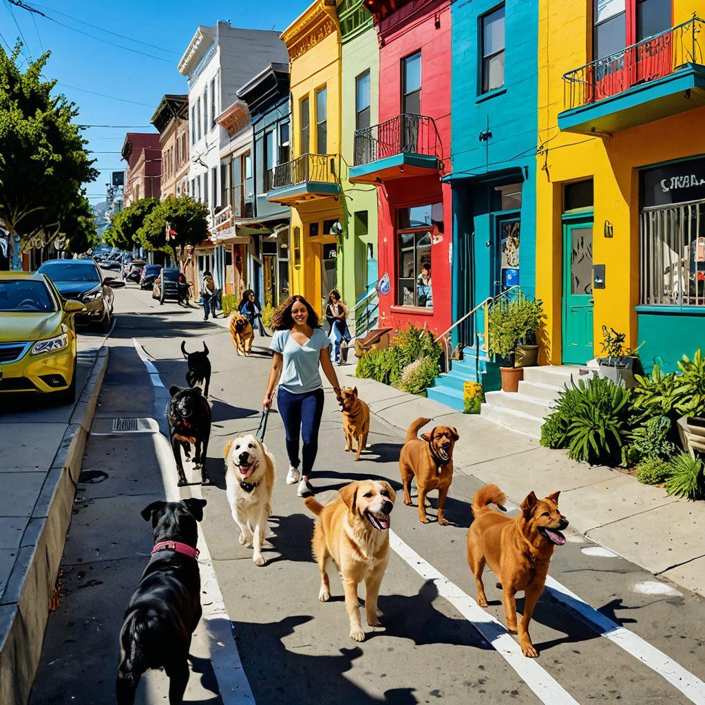 A lively street scene in Dogpatch filled with joyful dogs of various breeds playing and interacting with their owners. Colorful murals depicting dog culture enhance the background, with lush greenery nearby. Happy families enjoying time together, showcasing wellness activities like dog yoga and outdoor fetch games. A sunlit atmosphere radiating positivity and community spirit. vibrant colors. super-realistic.