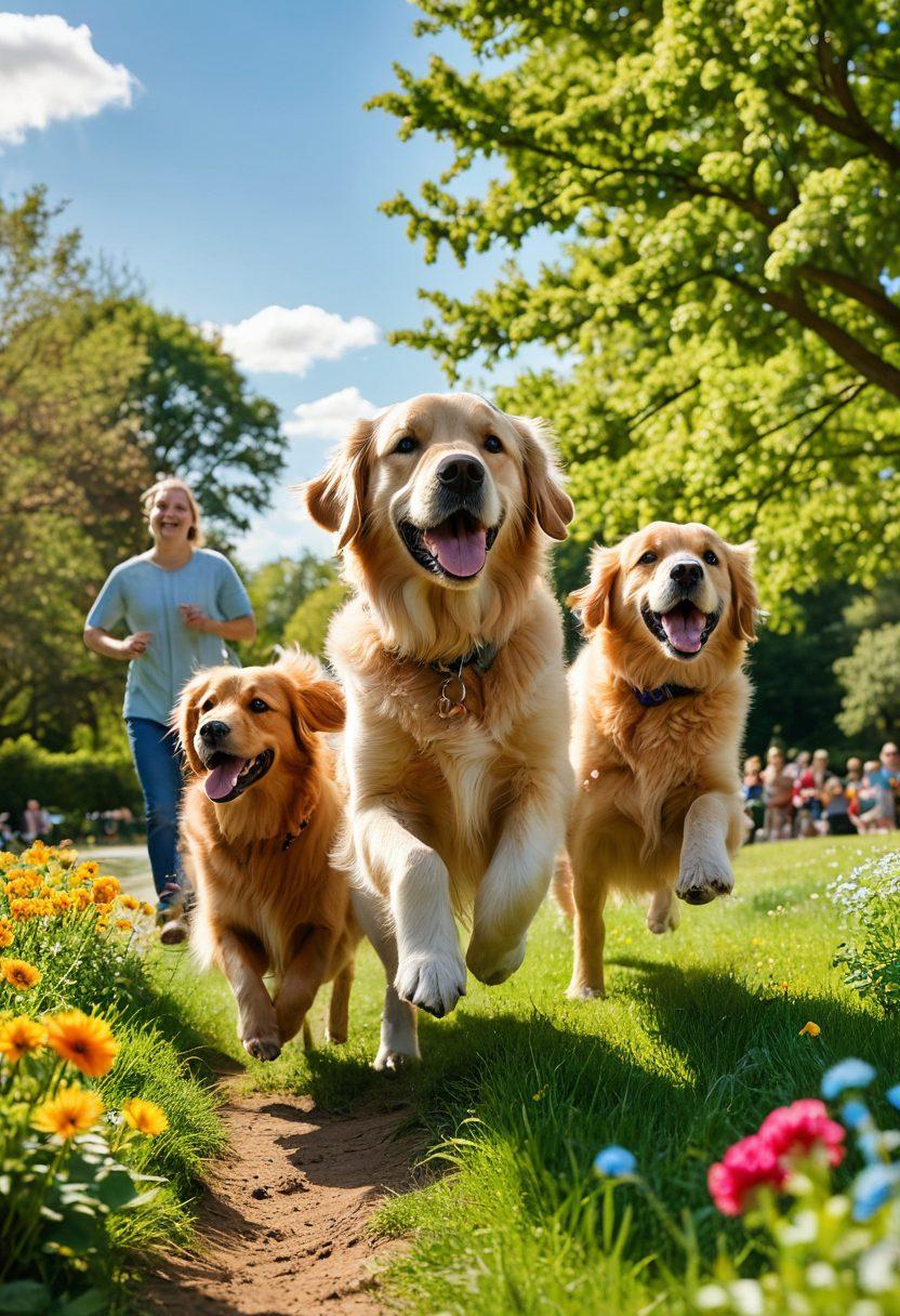 A joyful family interacting with a playful dog in a sunny Dogpatch park, surrounded by trees and flowers. The family is teaching the dog some tricks, showcasing a mix of love and training. Include a vibrant blue sky and other dogs playing in the background, enhancing the dog lifestyle theme. super-realistic. vibrant colors. warm lighting.