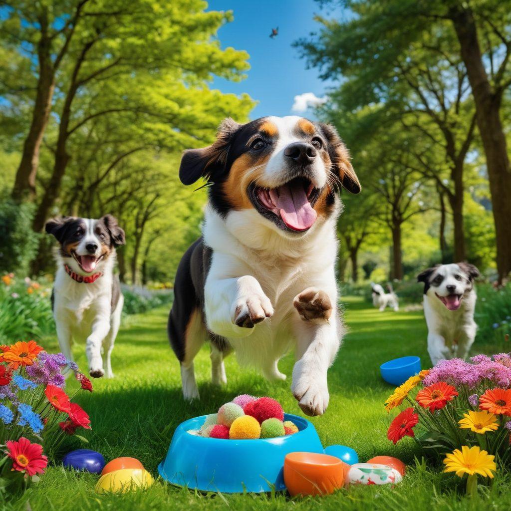 A collage of various dog breeds engaging in playful activities in a lush green park, surrounded by vibrant flowers and trees. Include elements like dog toys, bowls with food, and an owner lovingly interacting with their dog. Emphasize the joy and bond between pets and their humans, with a bright blue sky in the background. whimsical style. vibrant colors.
